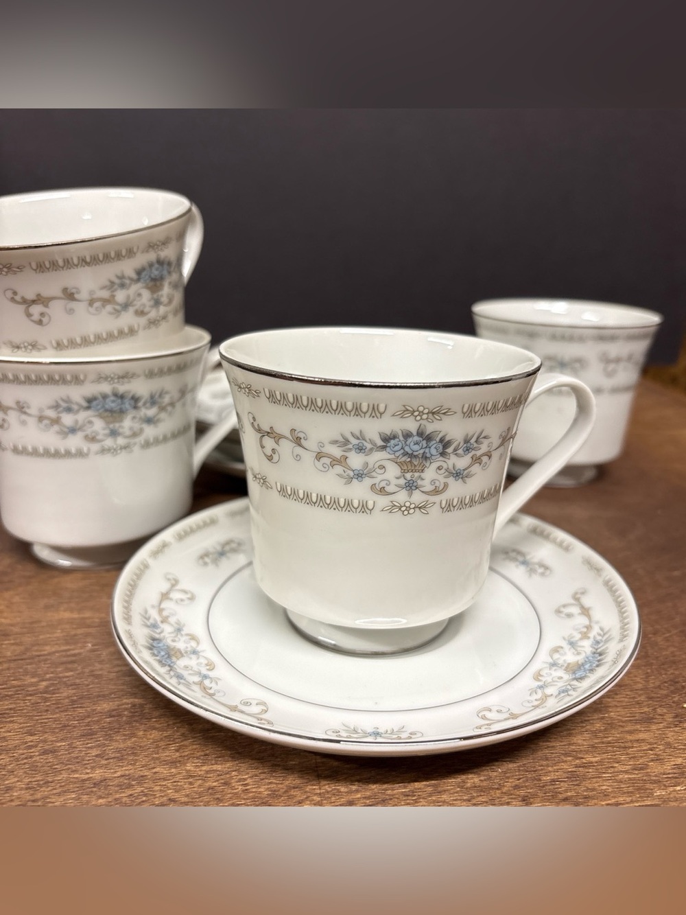 Diane Japan Fine Porcelain Tea Cup & Saucer Set in White with Blue Floral Accent